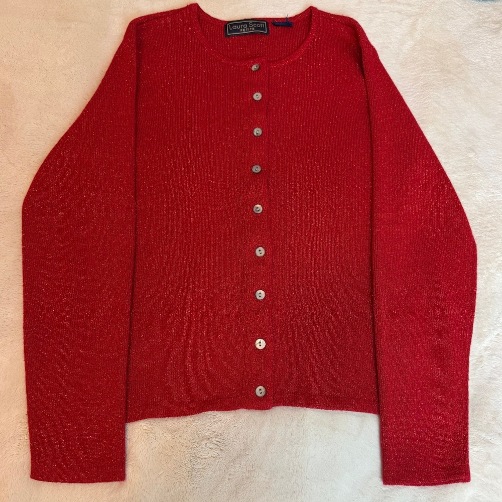 Laura Scott Petite Red Shimmer Knit Button Front Cardigan Sweater